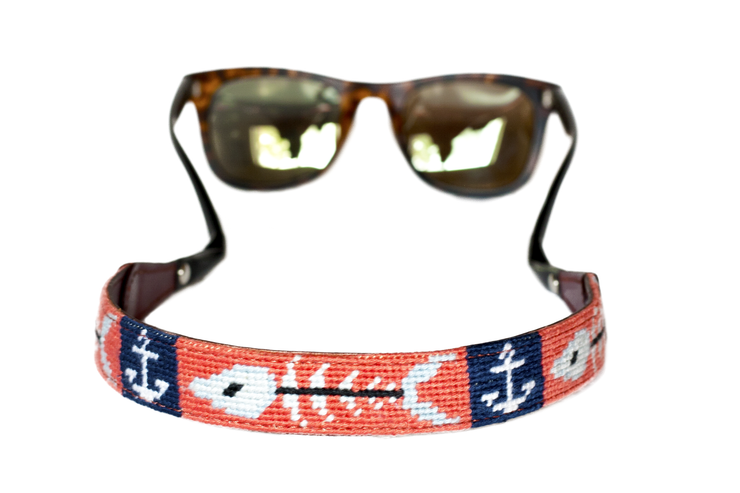 Asher Riley, anchor and fishbone needlepoint sunglass strap
