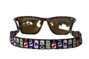 Beer Can needlepoint sunglass straps by Asher Riley