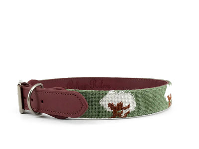 Cotton Boll on Green needlepoint dog collar 