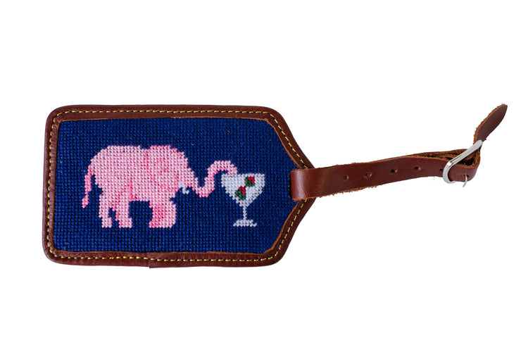 Elephant and Martini needlepoint luggage tag