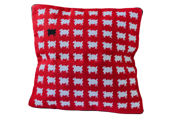 Black Sheep White Sheep needlepoint pillow