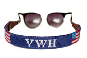 Asher Riley monogrammed American Flag needlepoint sunglass straps
