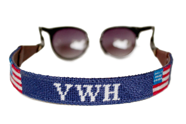 Asher Riley monogrammed American Flag needlepoint sunglass straps