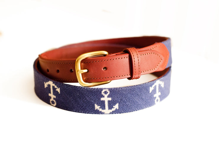 Anchor on navy needlepoint belt by Asher Riley