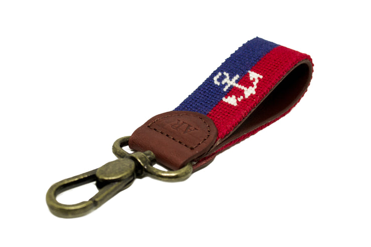Anchor on navy and red stripe needlepoint key fob by Asher Riley
