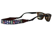 Beer Can needlepoint sunglass straps by Asher Riley