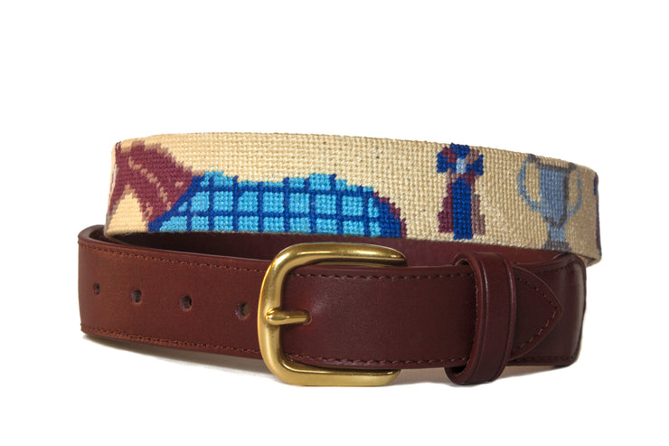 Equestrian polo pony on beige needlepoint belt by Asher Riley
