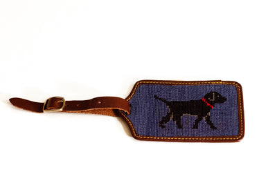 Black Lab on blue needlepoint luggage tag by Asher Riley