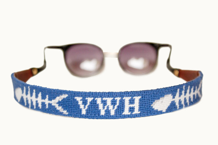 Asher Riley monogrammed bonefish on blue needlepoint sunglass straps