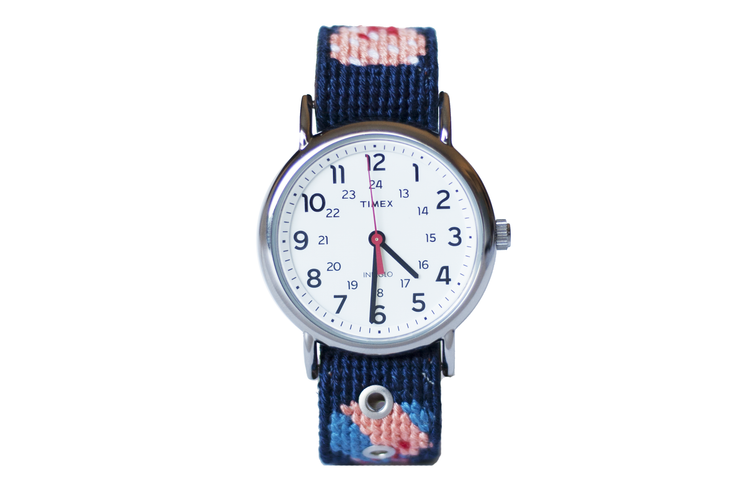 Asher Riley bow tie needlepoint watch strap and Timex watch face