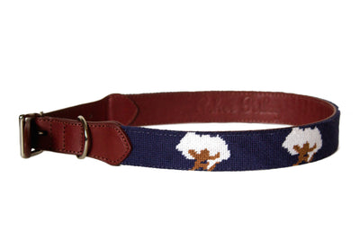 Cotton Boll on navy needlepoint dog collar by Asher Riley