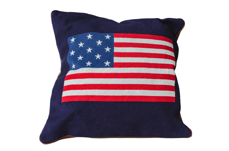 American Flag Needlepoint and Leather Pillow