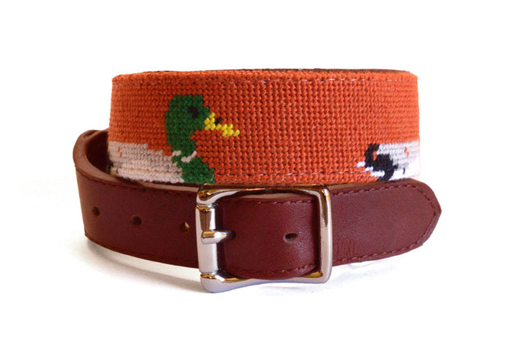 Mallard on orange needlepoint dog collar by Asher Riley