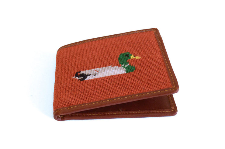 Mallard on orange needlepoint wallet by Asher Riley