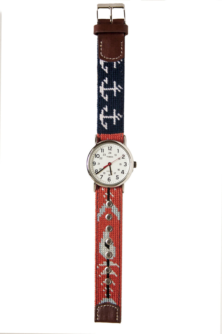 Fish and Anchor Needlepoint Watch strap by Asher Riley with Timex Watch Face