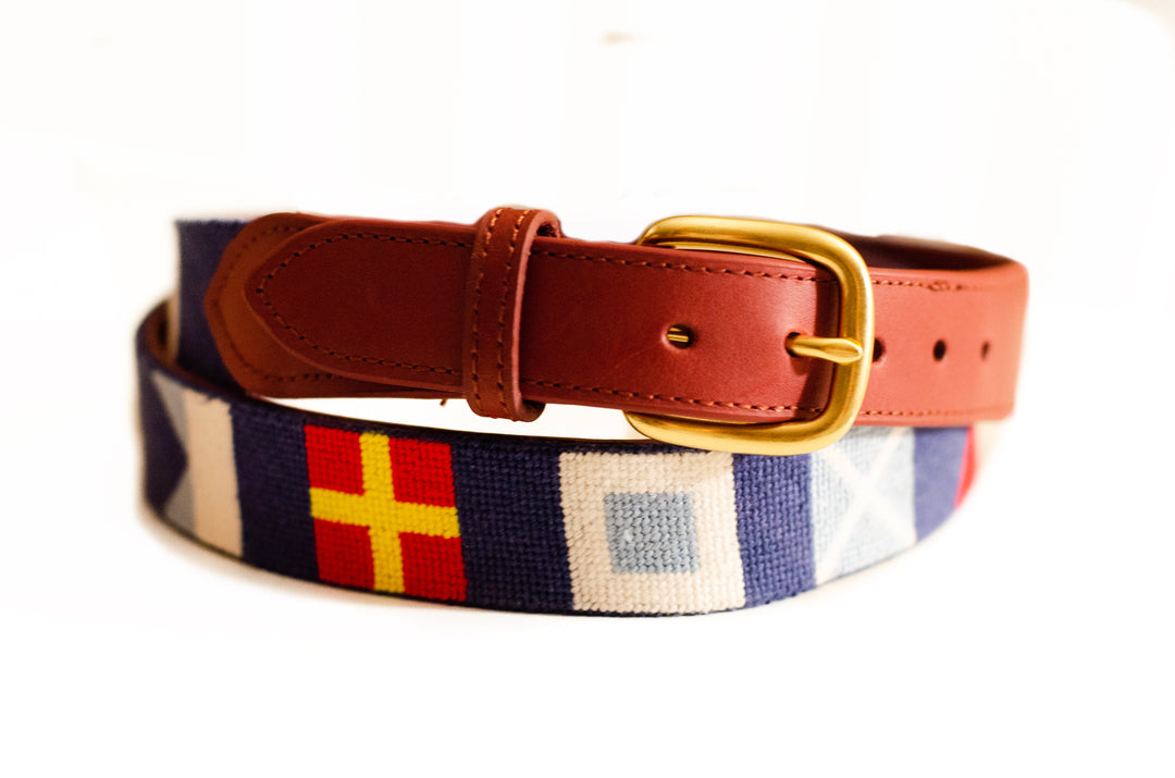 Nautical needlepoint belt with solid brass buckle Nautical Flag Needlepoint Belt - Sailing / Boating  main image 2