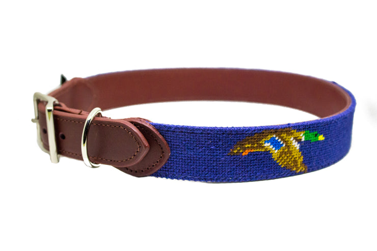 Flying mallard needlepoint dog collar by Asher Riley
