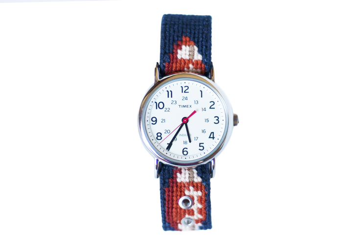 Asher Riley football needlepoint watch strap with Timex Watch Face