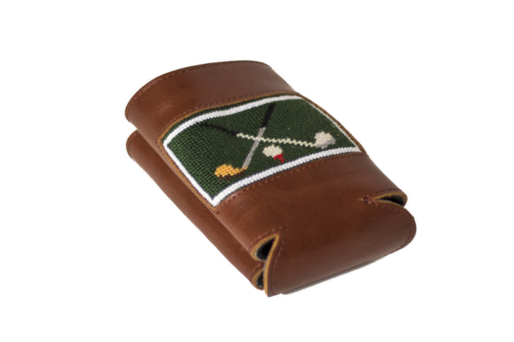 Golf Club needlepoint can cooler leather koozie by Asher Riley