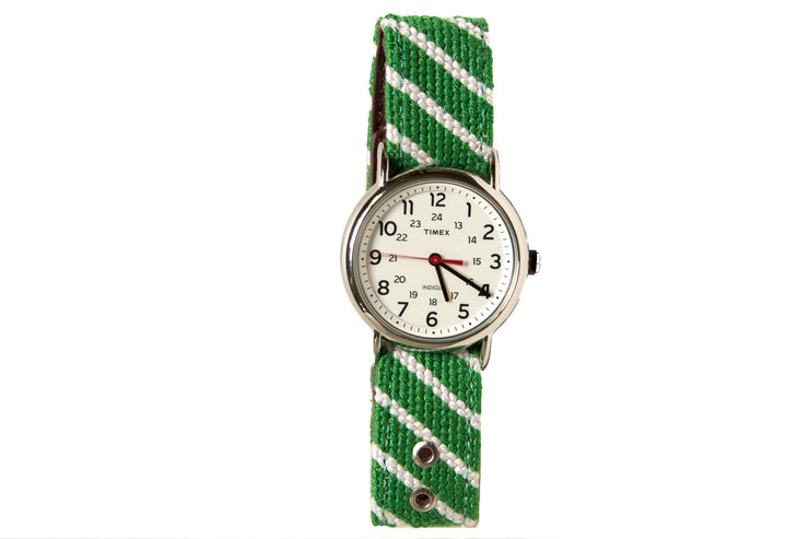 Green Striped Needlepoint Watch Strap by Asher Riley and Timex Watch Face