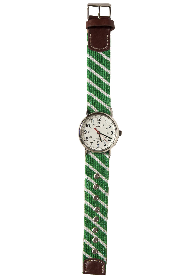 Green Striped Needlepoint Watch Strap by Asher Riley and Timex Watch Face