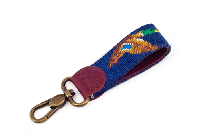 Flying Mallard needlepoint key fob by Asher Riley