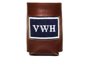 Asher Riley monogrammed needlepoint and leather koozie, can cooler