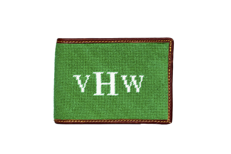 Monogram needlepoint wallet by Asher Riley