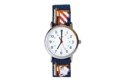 Asher Riley sailboat needlepoint watch strap and Timex watch face