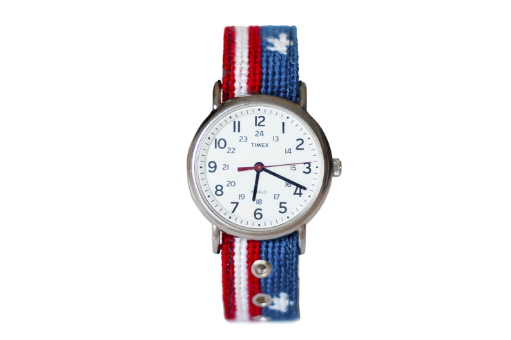 Asher Riley stars and stripes needlepoint watch strap and Timex Watch Face