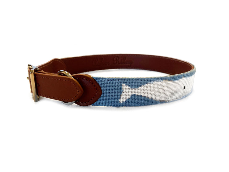 Nantucket Whale needlepoint dog collar by Asher Riley