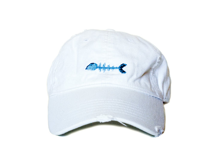 Bone Fish on white needlepoint hat Asher Riley