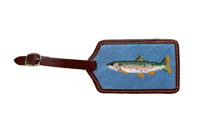 Trout needlepoint luggage tag by Asher Riley