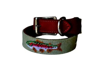 Trout on green needlepoint dog collar by Asher Riley